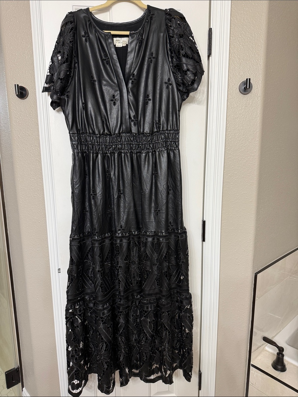 Anthropologie Black Faux-Leather Maxi Dress with Lace Panels